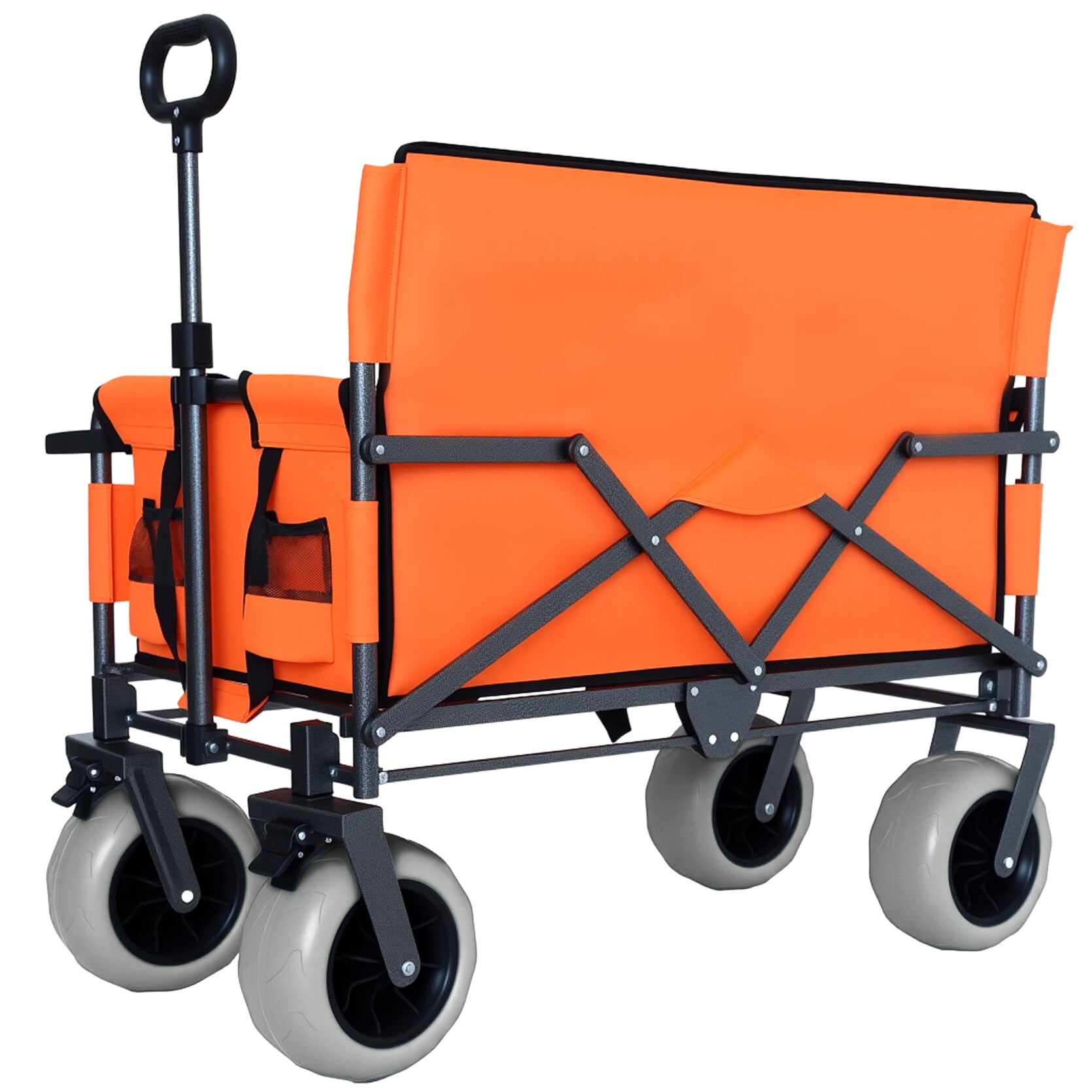 Heavy-Duty 3-in-1 Folding Wagon with Convertible Bench Seat & Padded Base – 500lbs Capacity, 9"x4" All-Terrain Tires for Camping, Beach, and Outdoor Use, Orange
