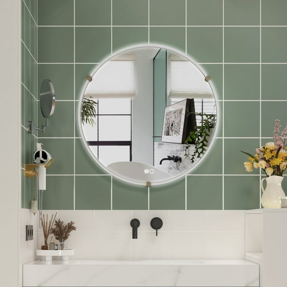ANGELES HOME 32 Inch Round LED Bathroom Mirror, Circle Lighted Mirror for Bathroom, Wall Mounted Bathroom Vanity Mirror with Lights, 3 Colors Dimmable, Anti-Fog, Memory Function