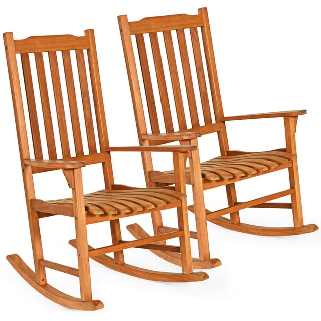 Gymax 2 Pcs Chaise Berçante d'Extérieur en Eucalyptus Fauteuil Berçant Simple pour Patio Terrasse Naturel