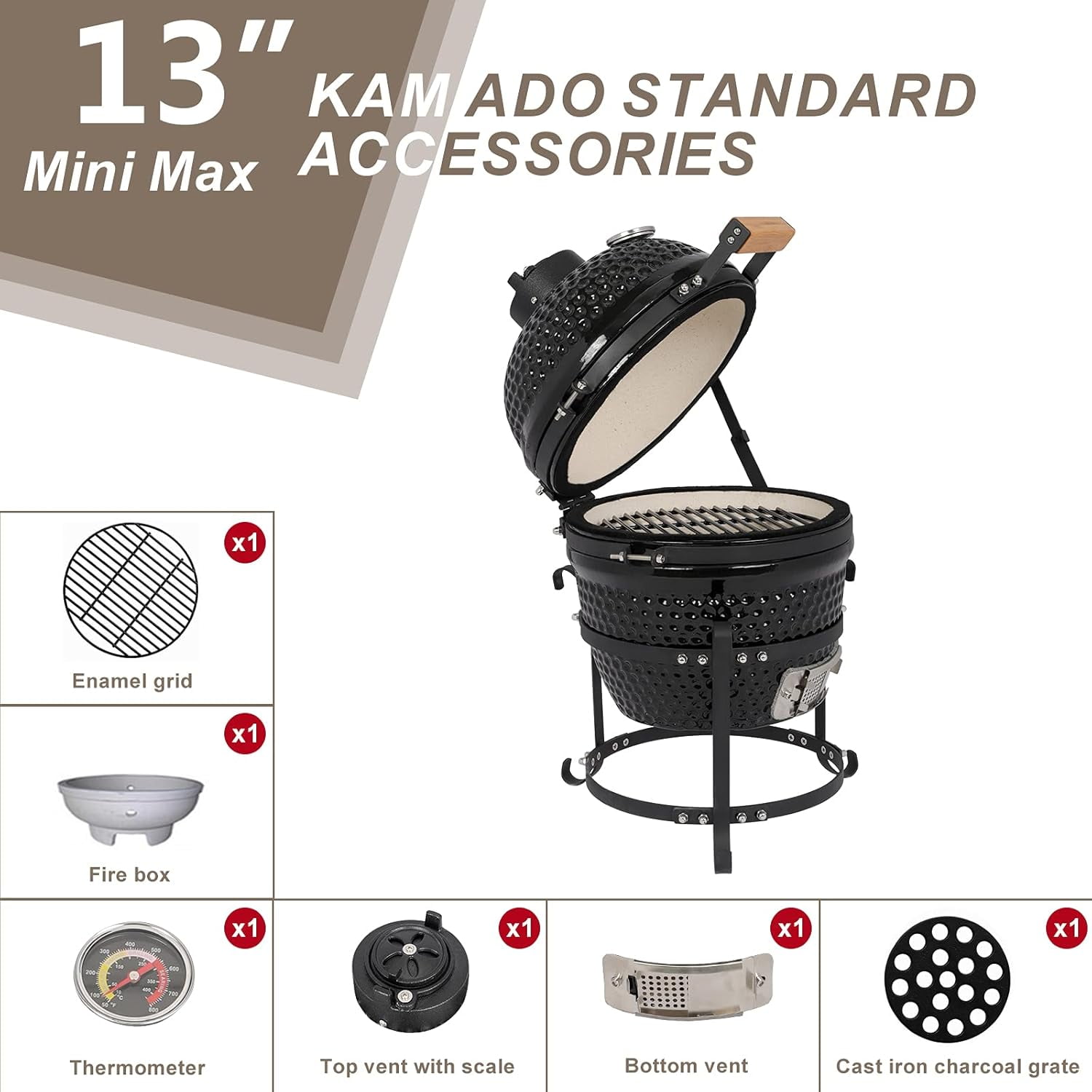 VINGLI 13" Kamado Charcoal Grill Portable Barbecue Grill BBQ Kettle Stand Lid Perfect for Outdoor Camping Patio Backyard Picnic