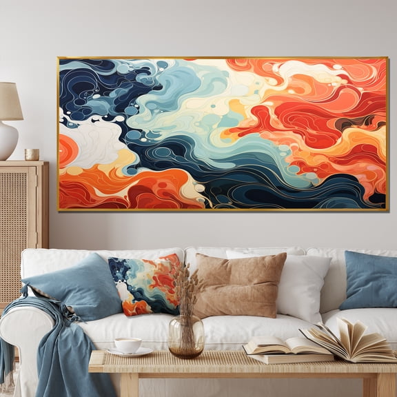 Designart "Liquid Ink Waves Blue and Orange Fusion III" Extra Large Abstract Framed Wall Art - Modern Blue Abstract Liquid Ink Entryway Framed Wall Art Print