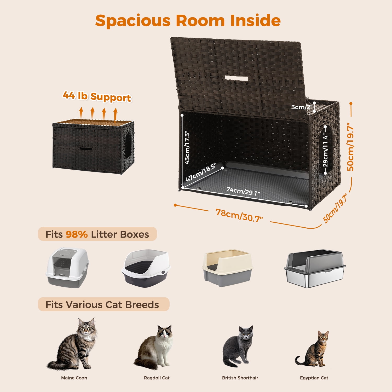PEQULTI Rattan Cat Litter Box Enclosure Pet House with Taller Doorway for Large Cats Indoor Brown