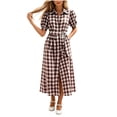 thumbnail image 2 of ClodeEU Women's V Neck Puff Sleeve Plaid Midi Dress,Casual A Line Dress with Front Slit and Pockets Brown,Women's Plus M, 2 of 7