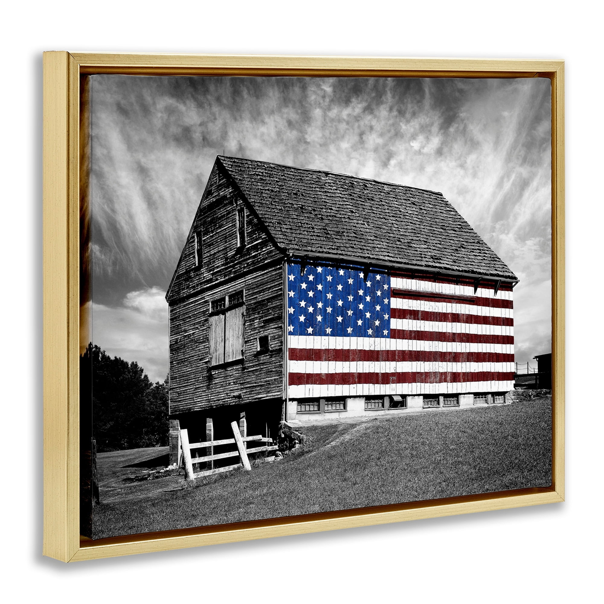 Stupell Industries Black and White Farmhouse Barn American Flag Metallic Gold Framed Floating Canvas Wall Art, 16x20, by James McLoughlin