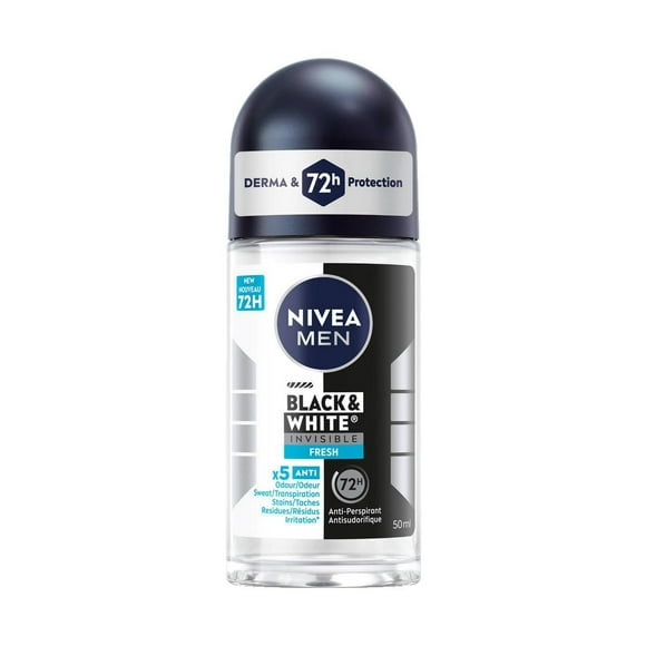 NIVEA MEN Black & White Invisible Roll-On 72-Hr Antiperspirant Deodorant, Fresh, 50mL