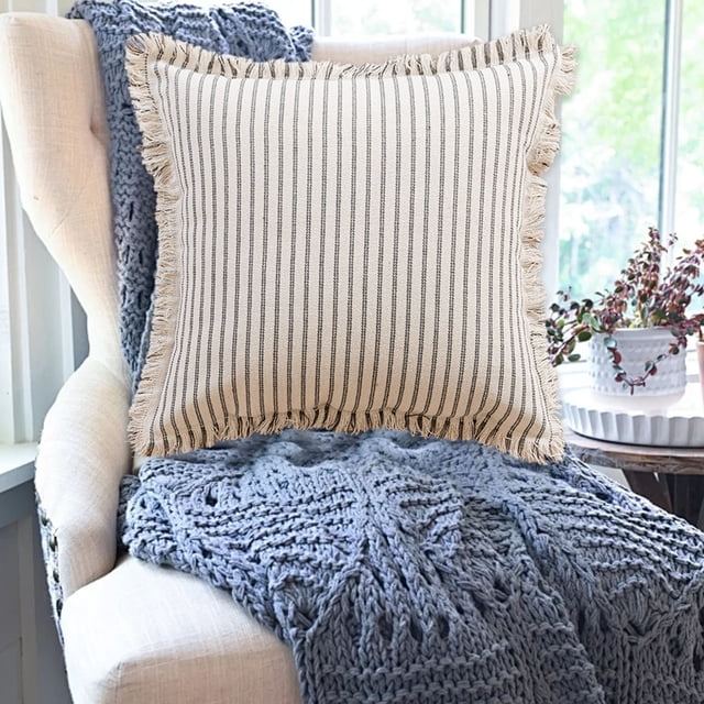 Housses de Coussin à Rayures Housses de Coussin Boho Housses de Coussin à Rayures Housses de Coussin avec Pompons Housse de Coussin à Franges à Rayures Housse de Coussin de Canapé Housse de Coussin de Salon Taie d'Oreiller