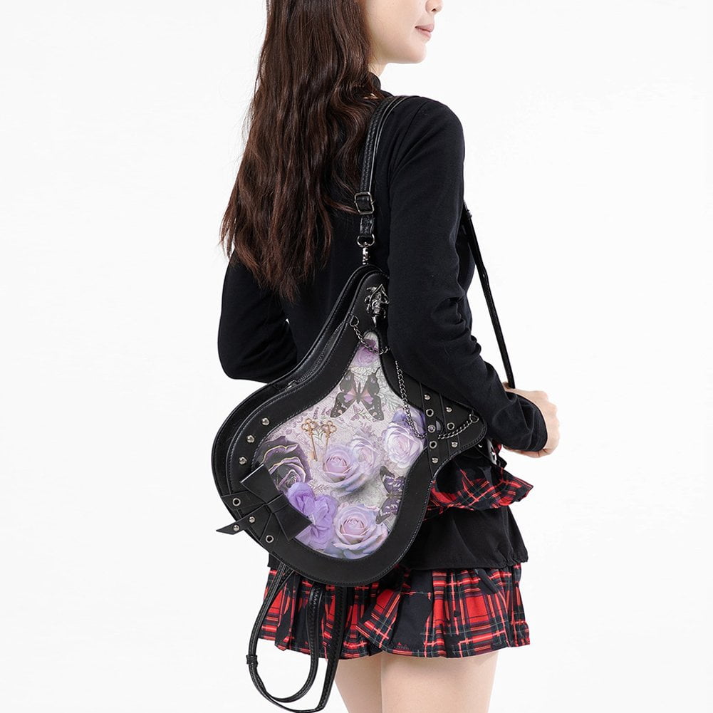 Jiibva Ita Messenger Bag for Women Cute Pin Display Crossbody Bags Punk Leather Guitar Shoulder Bag Kawaii Japanese Anime Ladies Purse