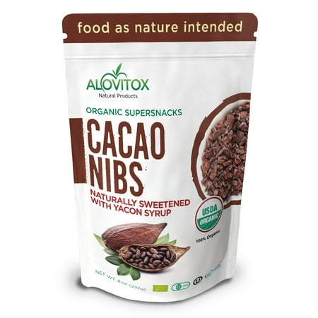 Alovitox Cacao Nibs, Sweetened with Premium Yacon Syrup, Great for Back to School Treats, Certified 100% Organic, Zero Sugar, All Natural Raw Cacao, Delicious Superfood, 8oz Resealable