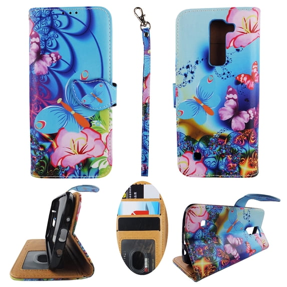 Pink Flower Butterfly Blue Wallet Folio Case for LG K7 / LG Tribute 5 / LG Treasure Fashion Flip PU Leather Cover Card Slots & Stand