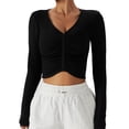 thumbnail image 1 of Top de entrenamiento con pliegues delanteros Cuello en V Color puro Manga larga Slim Fit Casual Camiseta transpirable Negro 8/S, 1 of 7