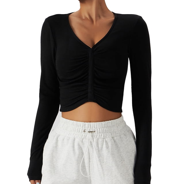 Top de entrenamiento con pliegues delanteros Cuello en V Color puro Manga larga Slim Fit Casual Camiseta transpirable Negro 8/S
