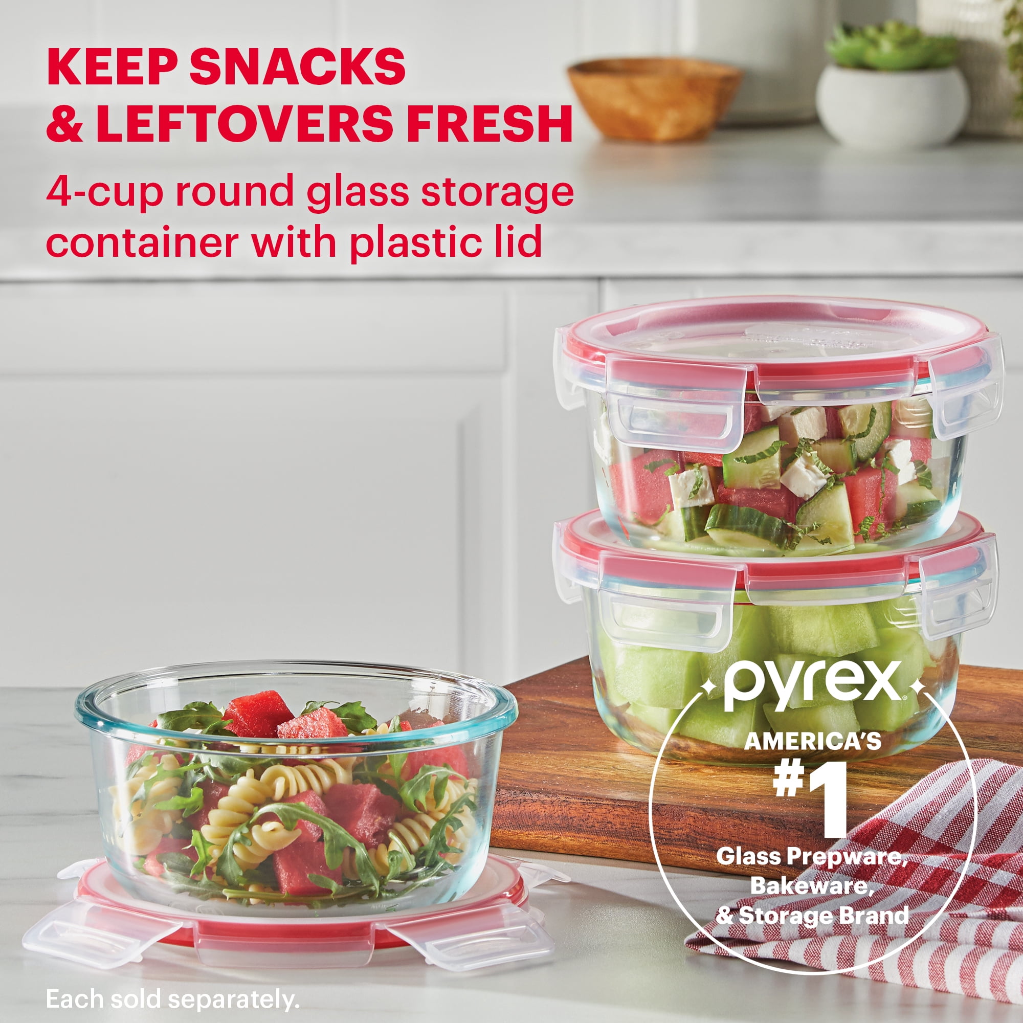 Pyrex Freshlock 4-Cup Round Glass Food Storage Container with Built-in Write + Erase Label Lid, Ideal Use for Meal Prep and Batch Cooking