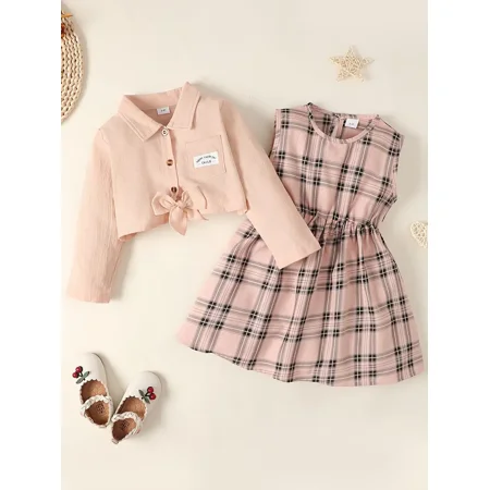

Girls Long Sleeve Shirt Top & Sleeveless Plaid Dress Baby Kids Clothes