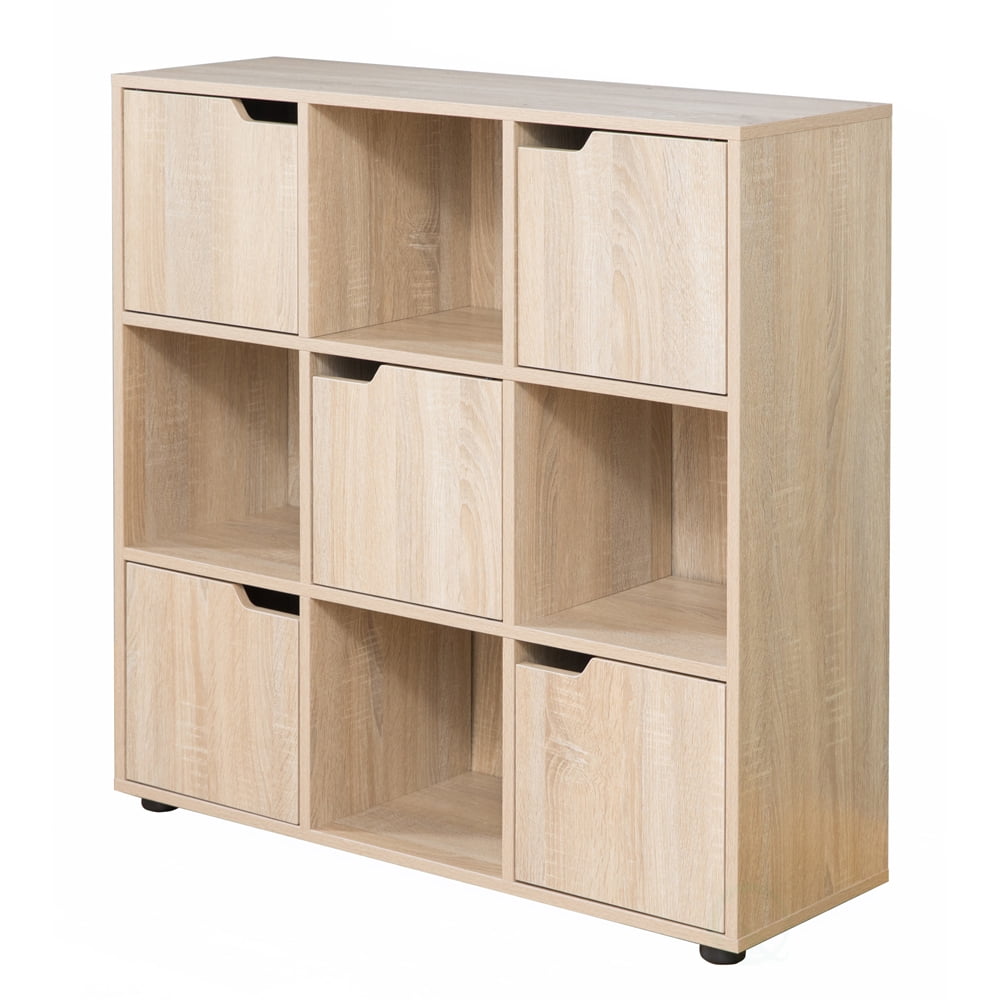 9 Cube Wooden Organizer With 5 Enclosed Doors and 4 Shelves, Oak
