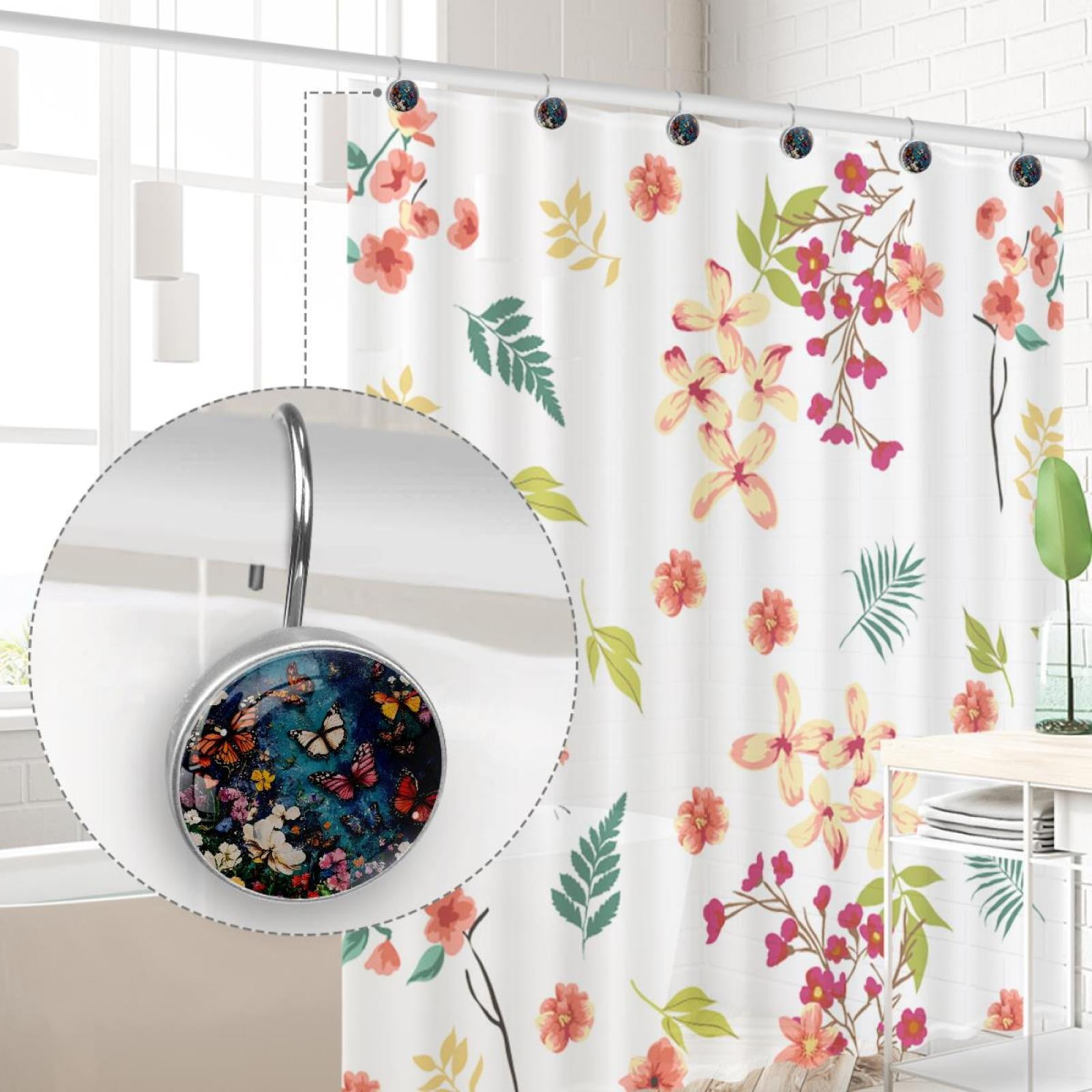 Colorful Butterflies on Wildflowers Shower Curtain Hooks Round Crystal Glass, Set of 12 Shower Curtain Rings - Shower Hooks for Curtain Shower Rings