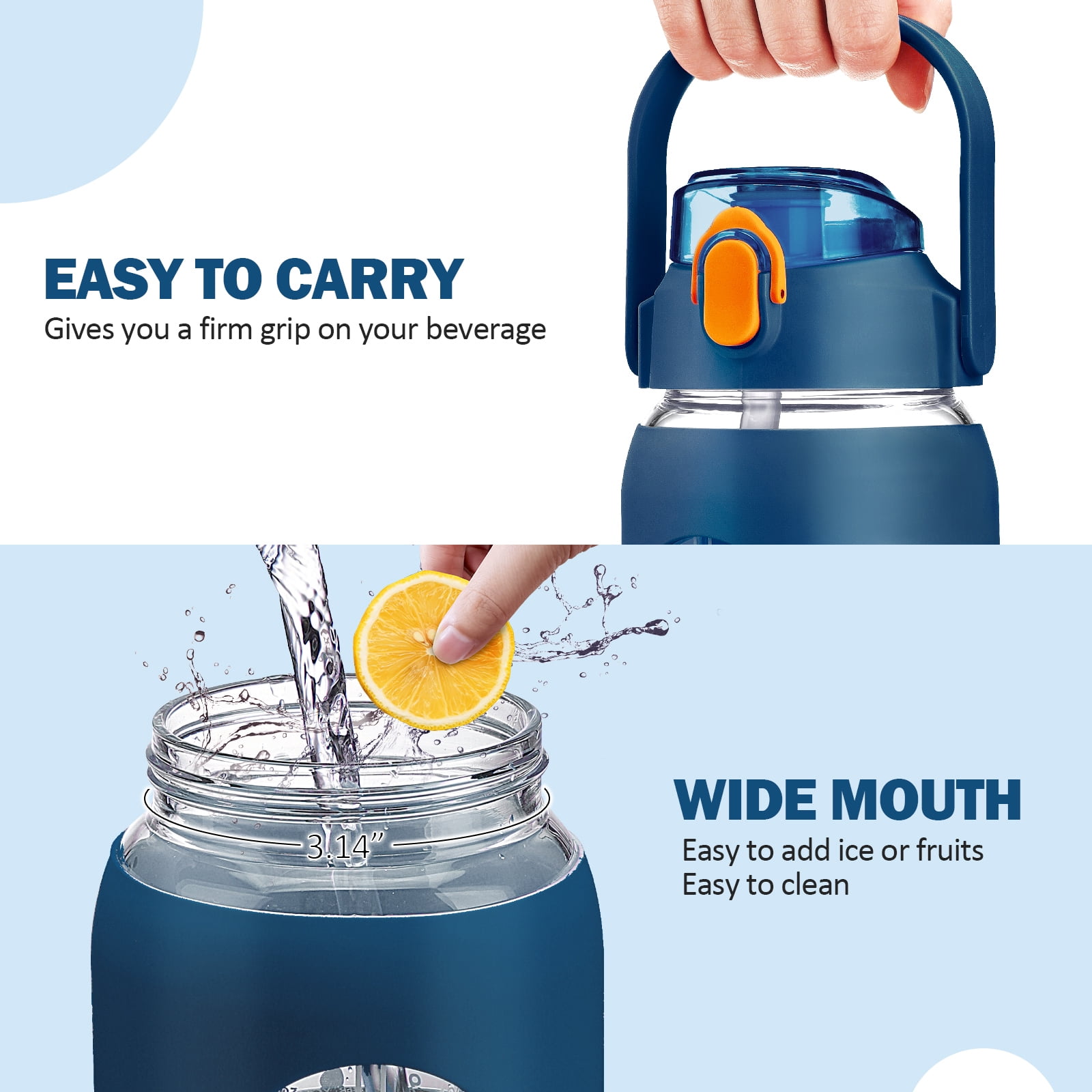 MUKOKO 64oz Glass Water Bottles, Motivational Glass Bottle with Silicone Sleeve, Straw and Time Marker, Leakproof Large Half Gallon Glass Water Jug for Gym Home Office, Blue