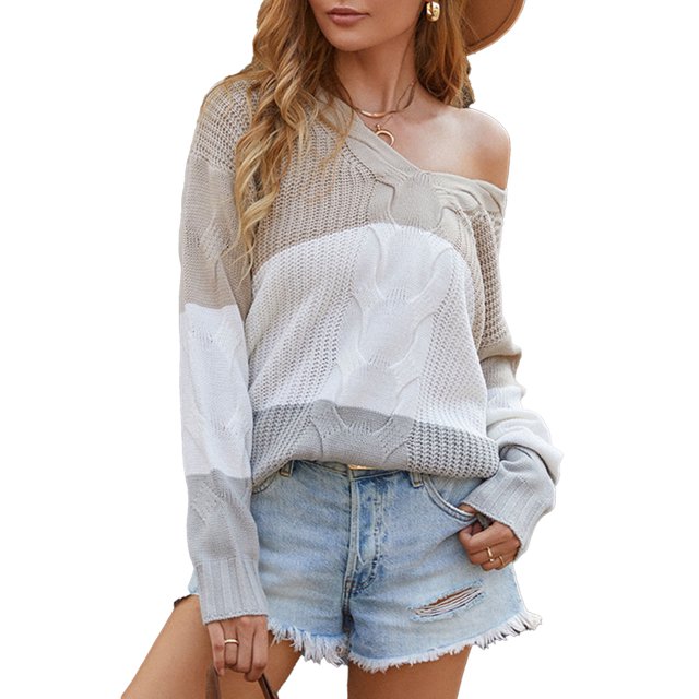 Suéter Manga Larga Cuello En V Raya Un Hombro Casual Tops De Moda Para Mujer Caqui L