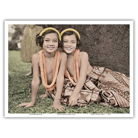 Young Hawaiian Sisters - Hula Dancers - Vintage Hand Colored Photograph c.1935 - Master Art Print (Unframed) 9in x 12in