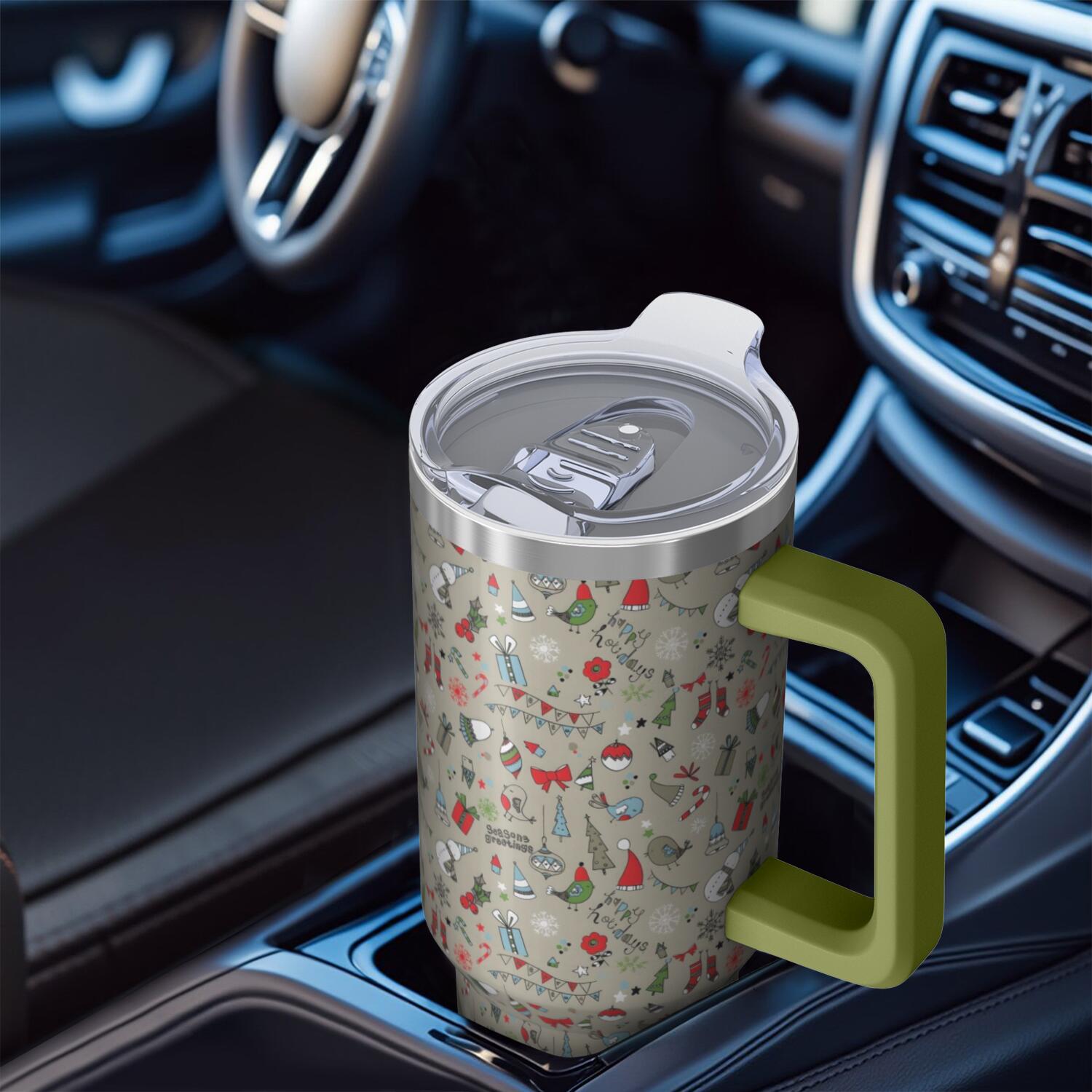 Gray Christmas Icon Pattern Tumbler with Handle and Lid,40oz Double Wall Vacuum Insulated Tumbler,Cups Gift for Women and Men