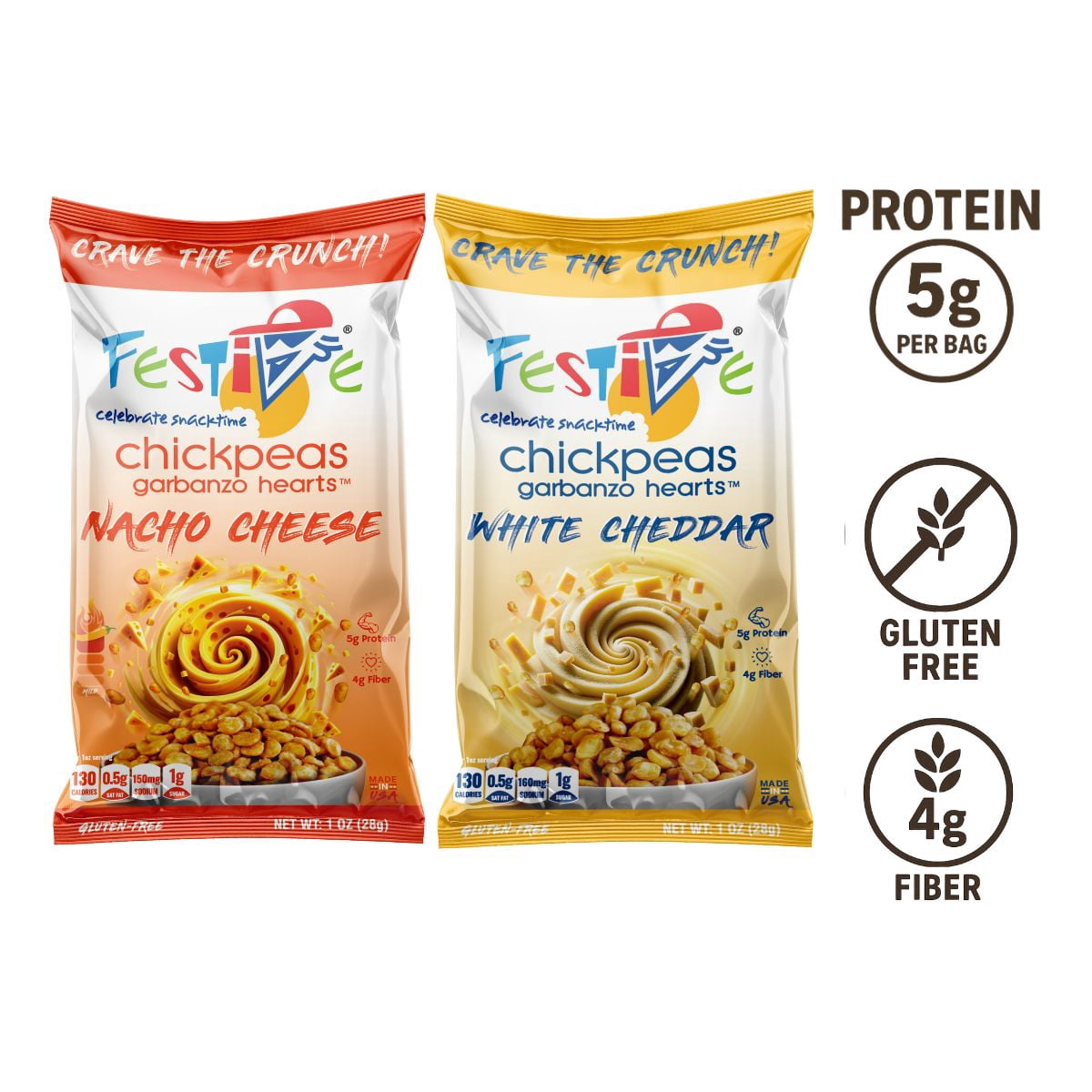 Snack Festive Roasted Chickpeas – Gourmet Cheese, 12ct - High Protein Variety Snack Bag (6 Each of 2 Flavors: Nacho Cheese, White Cheddar) Nut Free, Non-GMO Vegan Soy-Free