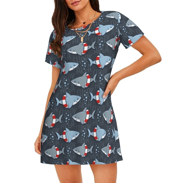 Fotbe Cute Shark Bata de Dormir para Mujer con Estampado, Camisón de Algodón de Manga Corta, Ropa de Dormir Casual