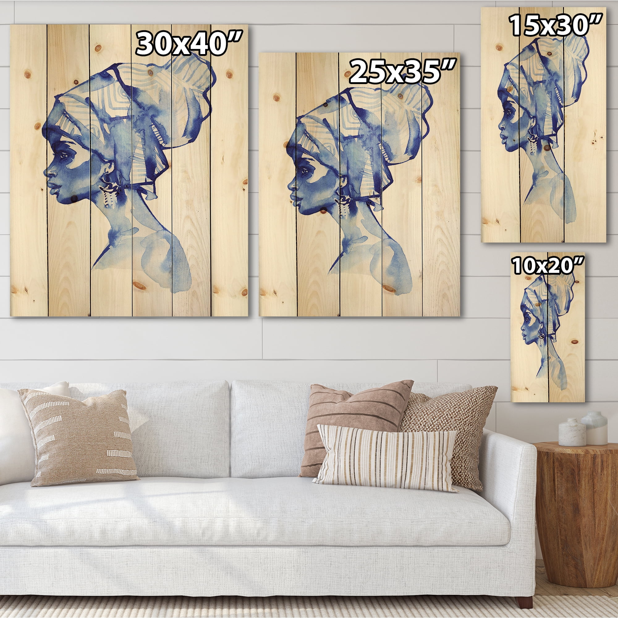 Designart 'Afro American Woman Blue Fashion Portrait' Modern Print on Natural Pine Wood