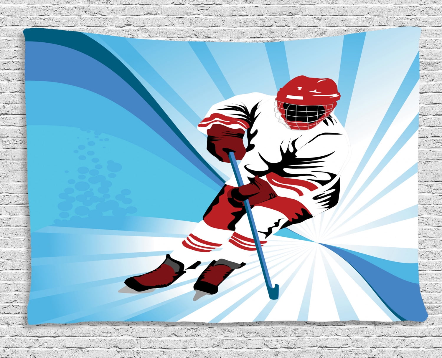 Hockey Tapestry, Hockey Player Makes a Strong Shot on Goal Rival Illustration Abstract Backdrop
