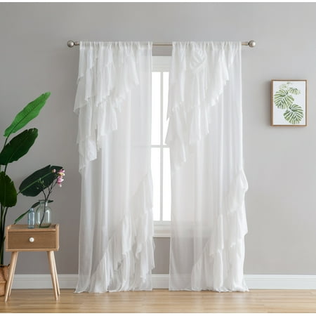 Peach Oak Single Curtain Panel White Astrea Ruffle 84 Inch