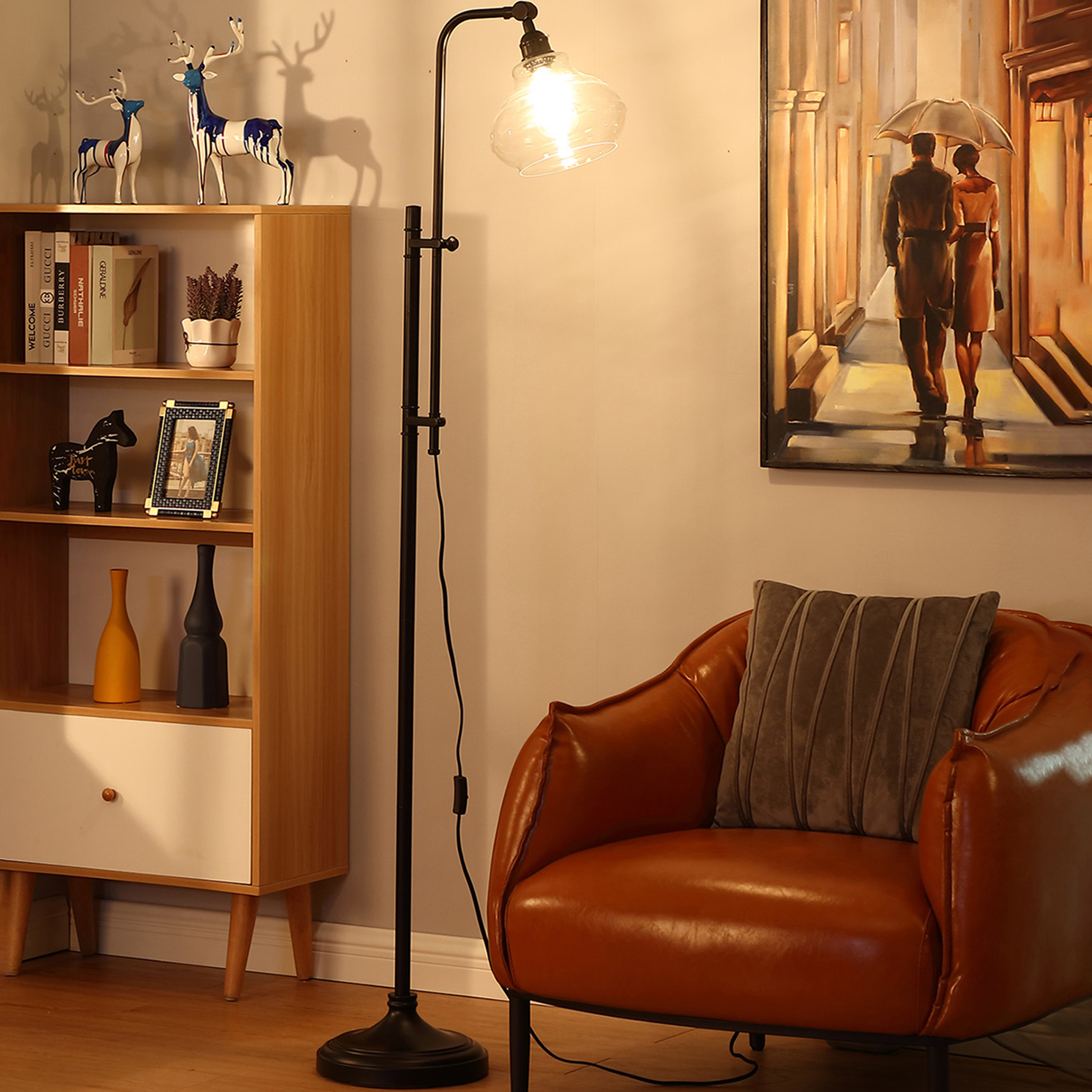 Brightech Austin LED Floor Lamp, Industrial Lamp for Living Rooms & Offices, Mid-Century Modern Standing Lamp with Adjustable Head, Tall Lamp with Rustic Glass Teardrop Shade for Bedroom - Black