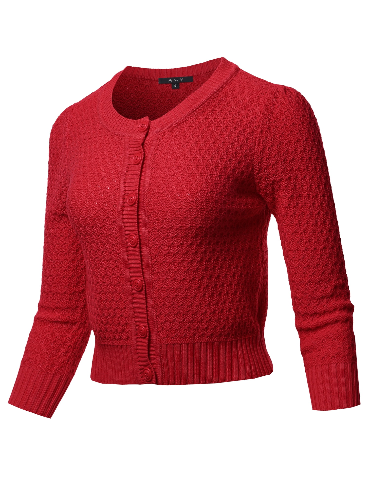 A2Y Women's Solid Cropped 3/4 Sleeve Button Down Crew Neck Knit ...