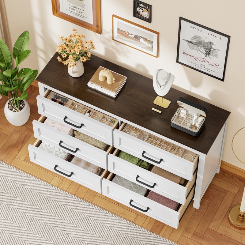 Homall 6-Drawer Wood Dresser for Bedroom, Large Storage Cabinet with Anti-Tip Safety and Footstool-Integrated Design, Double Classified Storage Organizer Chest for Living Room,Brown and Black