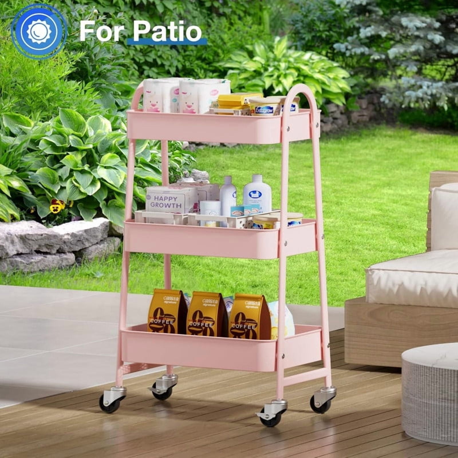 Kelno 3 Tier Rolling Cart Metal Utility Storage Cart Mobile Storage Organizer with Lockable Wheels,Pink