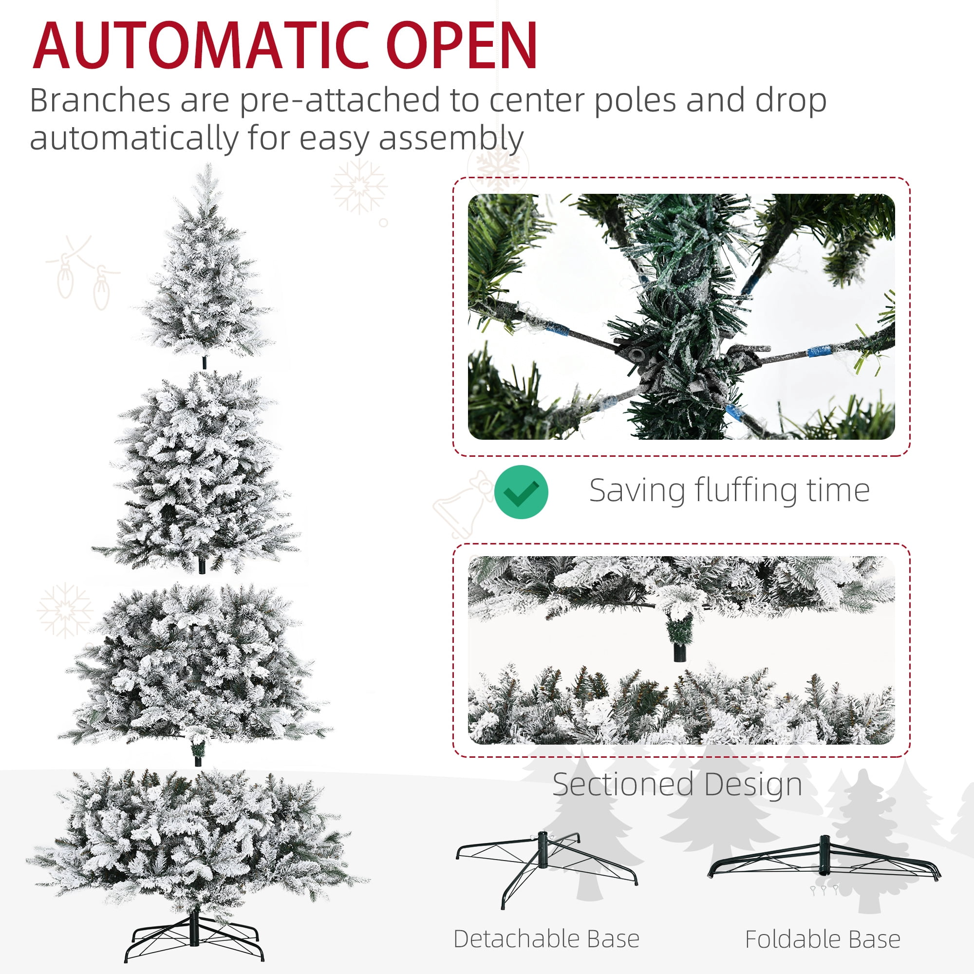 9ft Snow Flocked Christmas Tree 2068 Tips Auto-Open Branches Flame Retardant Indoor Decor