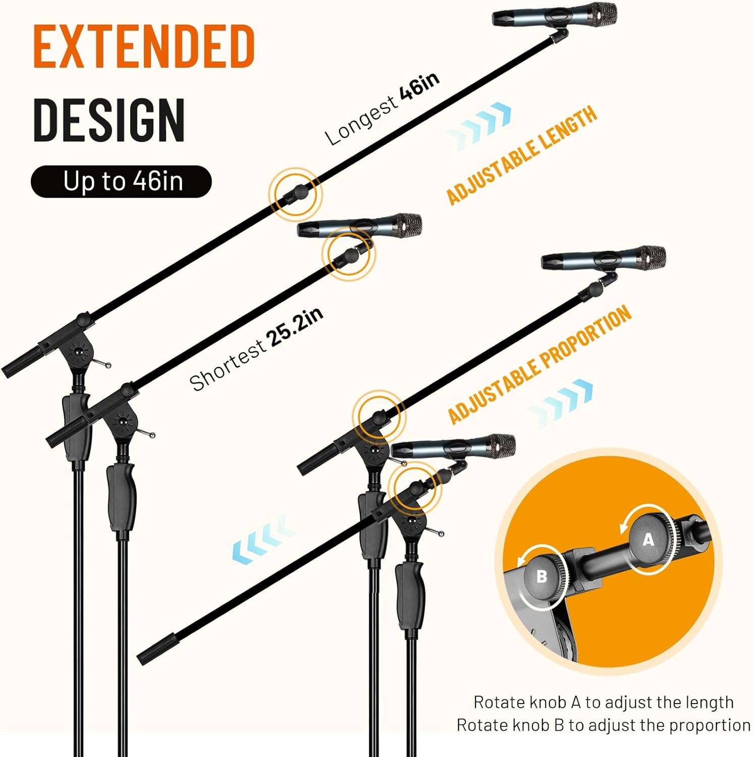 Tripod Microphone Stand with  Arm One-Button Release Floor Mic Stand Portable for Singing Performance Wedding Stage Meeting Live