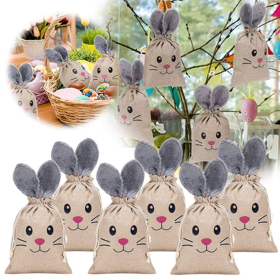 CoreLiving Easter Burlap Bunny Tote Bags for Egg Hunt Treats Basket Bulk Woven Rabbit Design Gift Sack with Handles Large Storage Container for Candy Filled Eggs Spring Party Favor 1-Pack