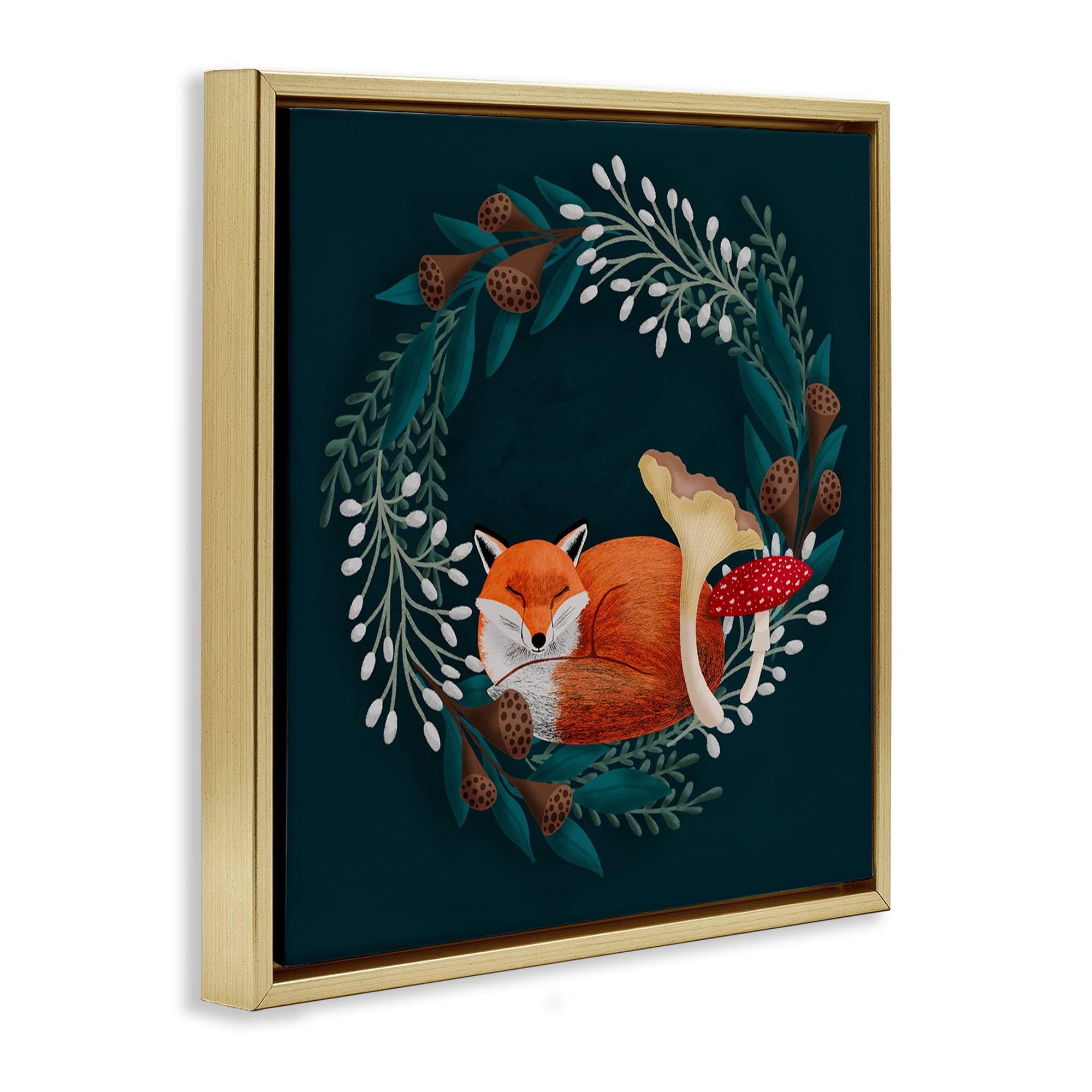 Sleepy Fox in Botanical Wreath Gold Framed Floater Canvas Wall Art, design by Metka Hiti