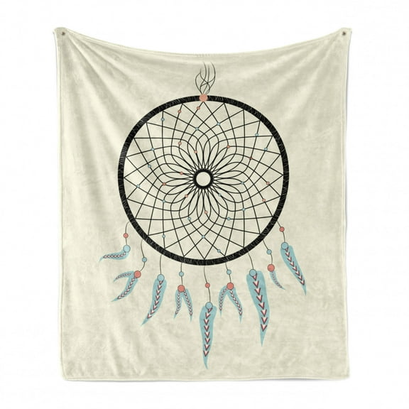 Feather Soft Flannel Fleece Throw Blanket, Grunge Style Dreamcatcher Traditional Symbolic Element, Cozy Plush for Indoor and Outdoor Use, 50" x 60", Cream Pale Blue Grey, by Ambesonne