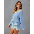 thumbnail image 4 of Womens Varsity V Neck Long Sleeve Tennis Sweater Casual Crochet Hollow Out Knit Tops Pullover Shirts Light Blue M, 4 of 5