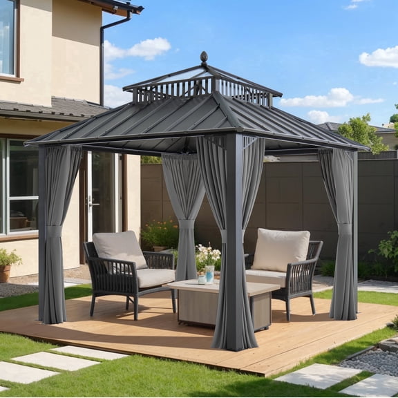 SUNJOY Kingston 10x10 Gazebo Steel & PC Roof Hardtop Gazebo with Curtain and Netting - Gray Aluminum Posts