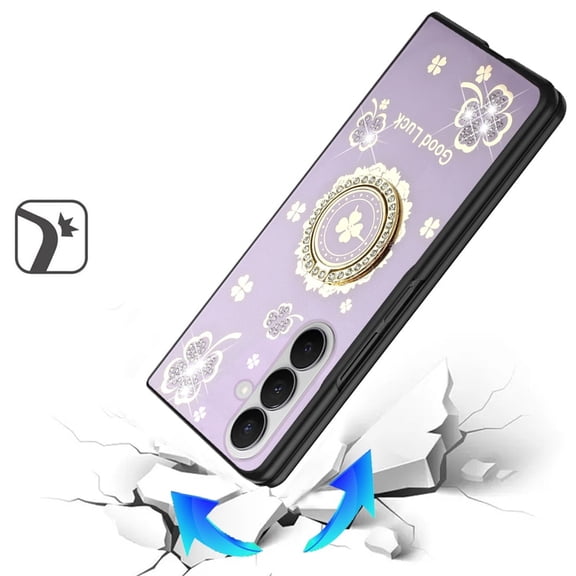 For Samsung Z Fold 7 SPLENDID Diamond Glitter Ornaments Engraving Case Cover - Good Luck Floral Purple