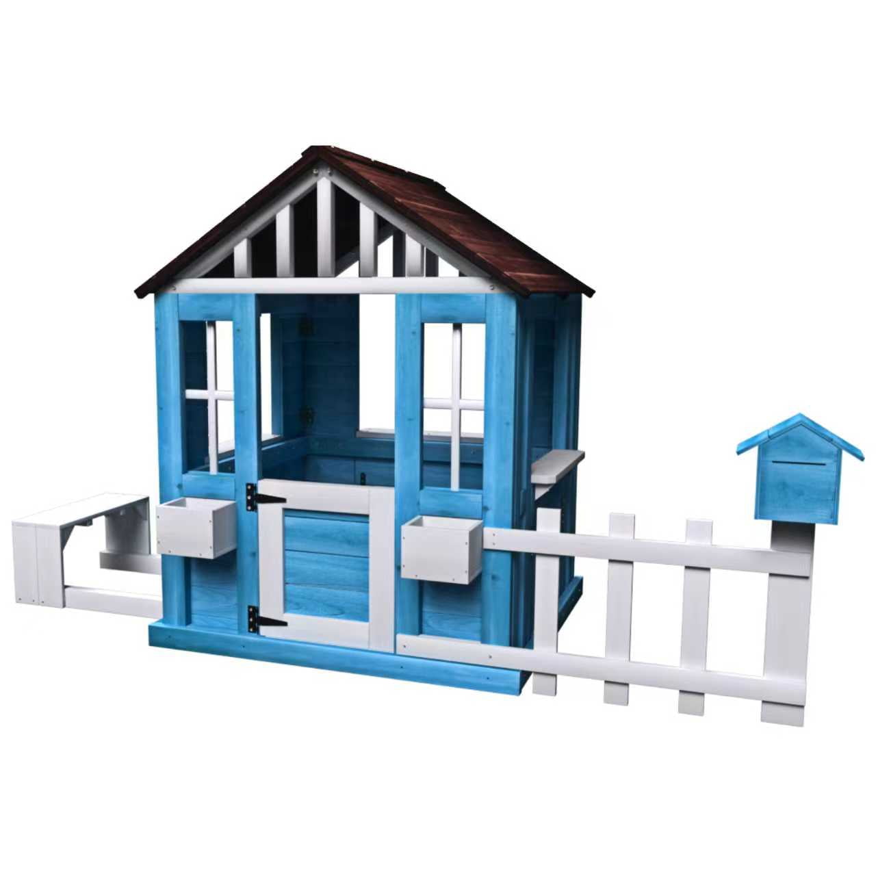 Aukfa Kids Playhouse,Wooden Playhouse for Boys Girls,Picnic Bench, Mailbox, Fence & Flowerpot Holders for Backyard, Garden, Lawn,Blue