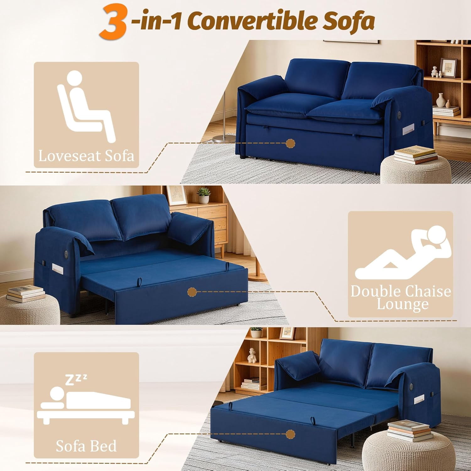 63" Velvet Pull Out Couch, 3-in-1 Convertible Sleeper Sofa Bed with Adjustable Backrest, USB Charging Ports, Side Pockets, Modern Loveseat for Living Room, Bedroom, Apartment, Blue