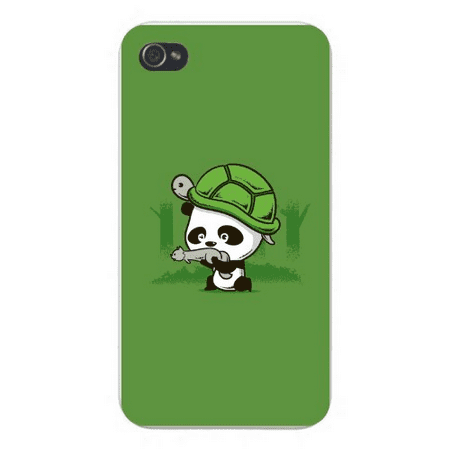 Apple Iphone Custom Case 4 4s White Plastic Snap on - Cute Baby Panda Bear Cub w/ Turtle Helmet & Squirrel Gun Hunting in