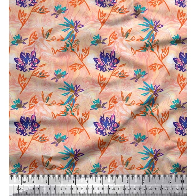 Soimoi Georgette Viscose Fabric Leaves & Floral Hand Drawn Decor Fabric Printed Yard 42 Inch Wide