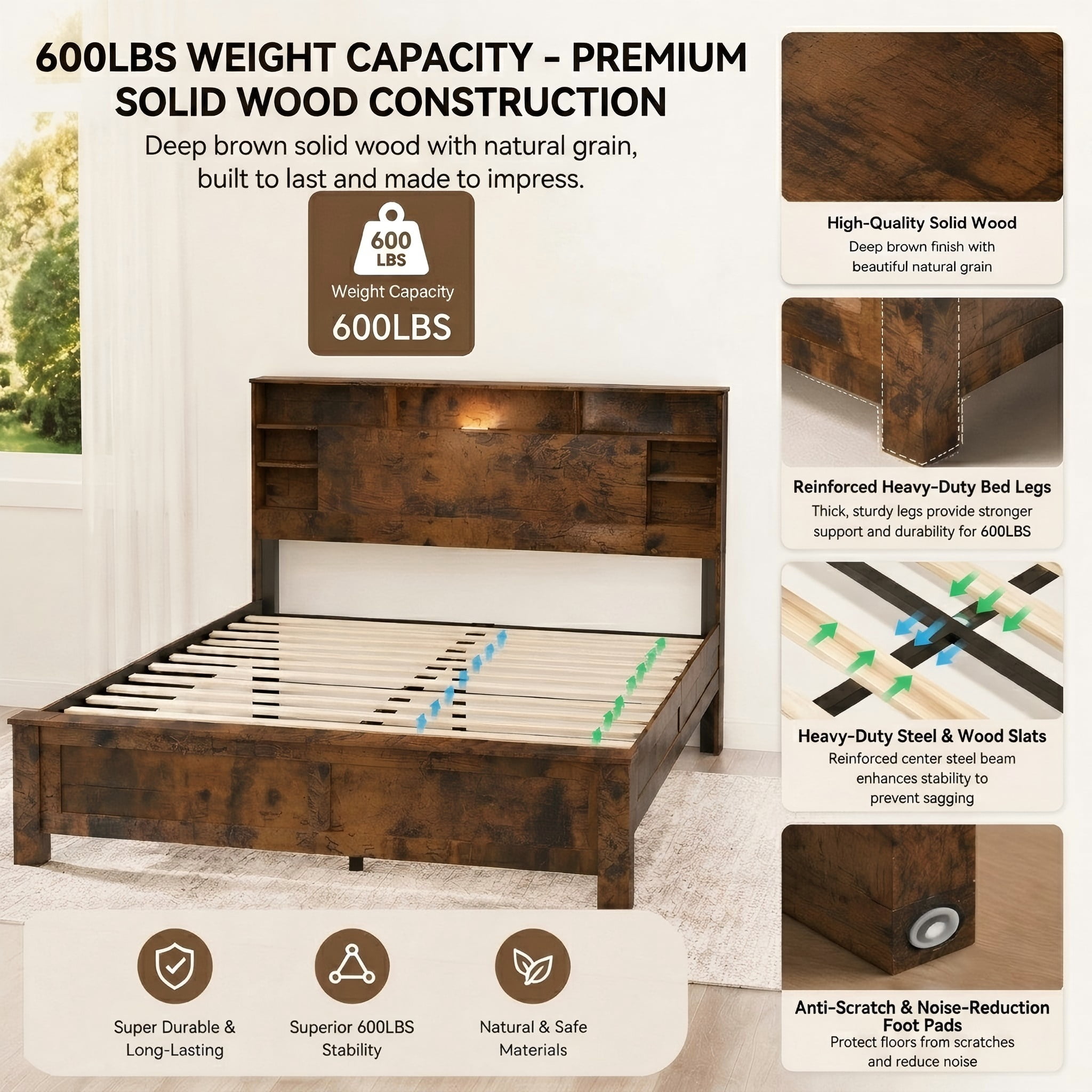 Aukfa King Size Bed Frame with Charging Station, Storage Headboard & LED Lights, Farmhouse Wood Platform Bed, Brown