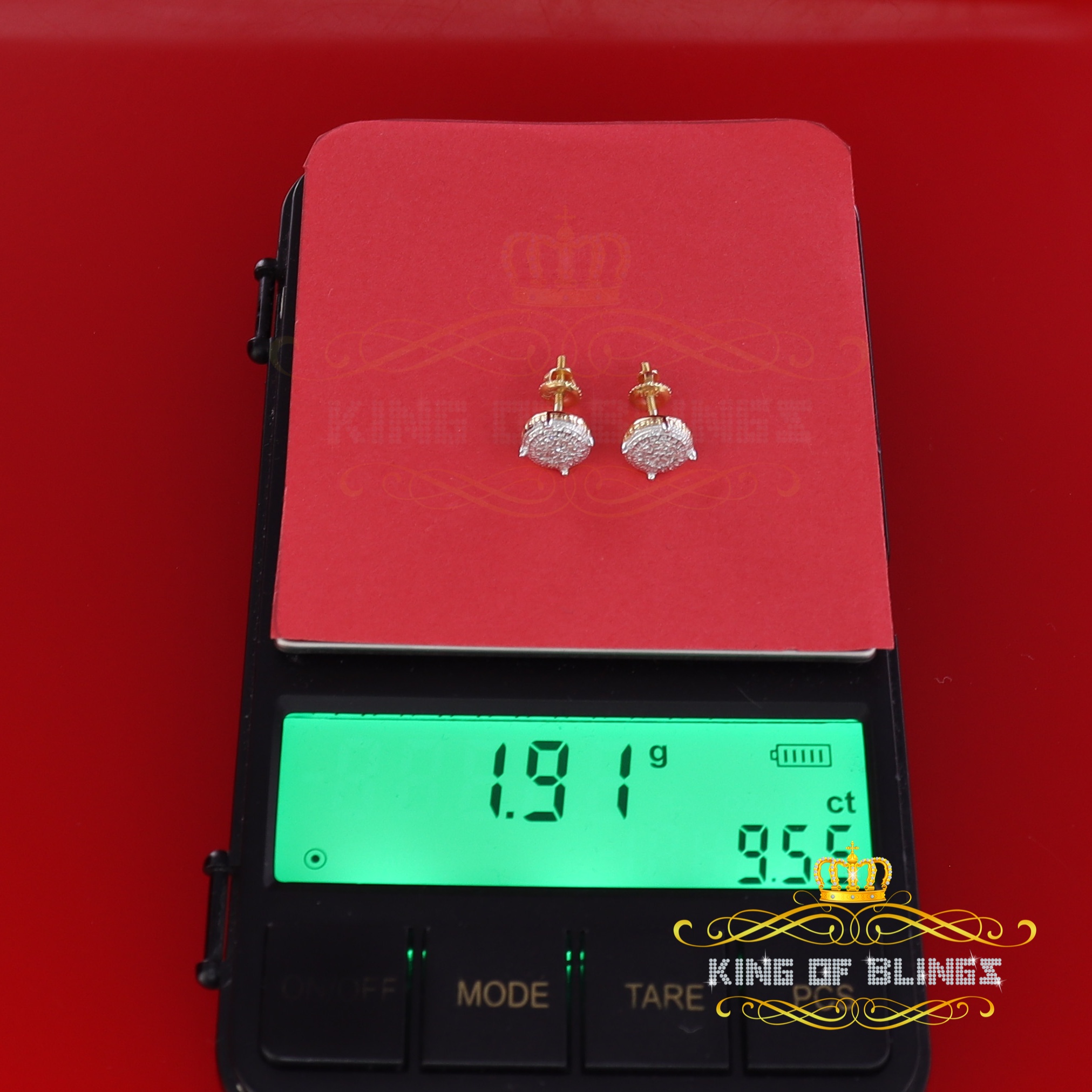 King of Bling's 10K Real Yellow Gold with 0.10 CT Diamond Round Stud Earring For Women And Men