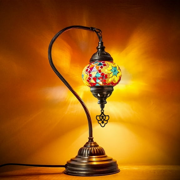 Retrago Home Decor Turkish Mosaic Lamp, Tiffany Handmade Colorful Lamp, Moroccon Decorative Glass Antique Bohemian Vintage, Swan Neck Bedside Table Desk Lamp (LED Bulb Included)