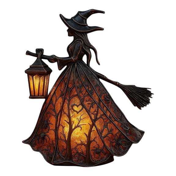 Halloween Witch Lamp, Stained Gothic Spooky Witch Decor with Holding Lantern, Cute Table Lamp Decoration Figurine, Spooky Decorative Standing Night Light, for Home Decor and Gift