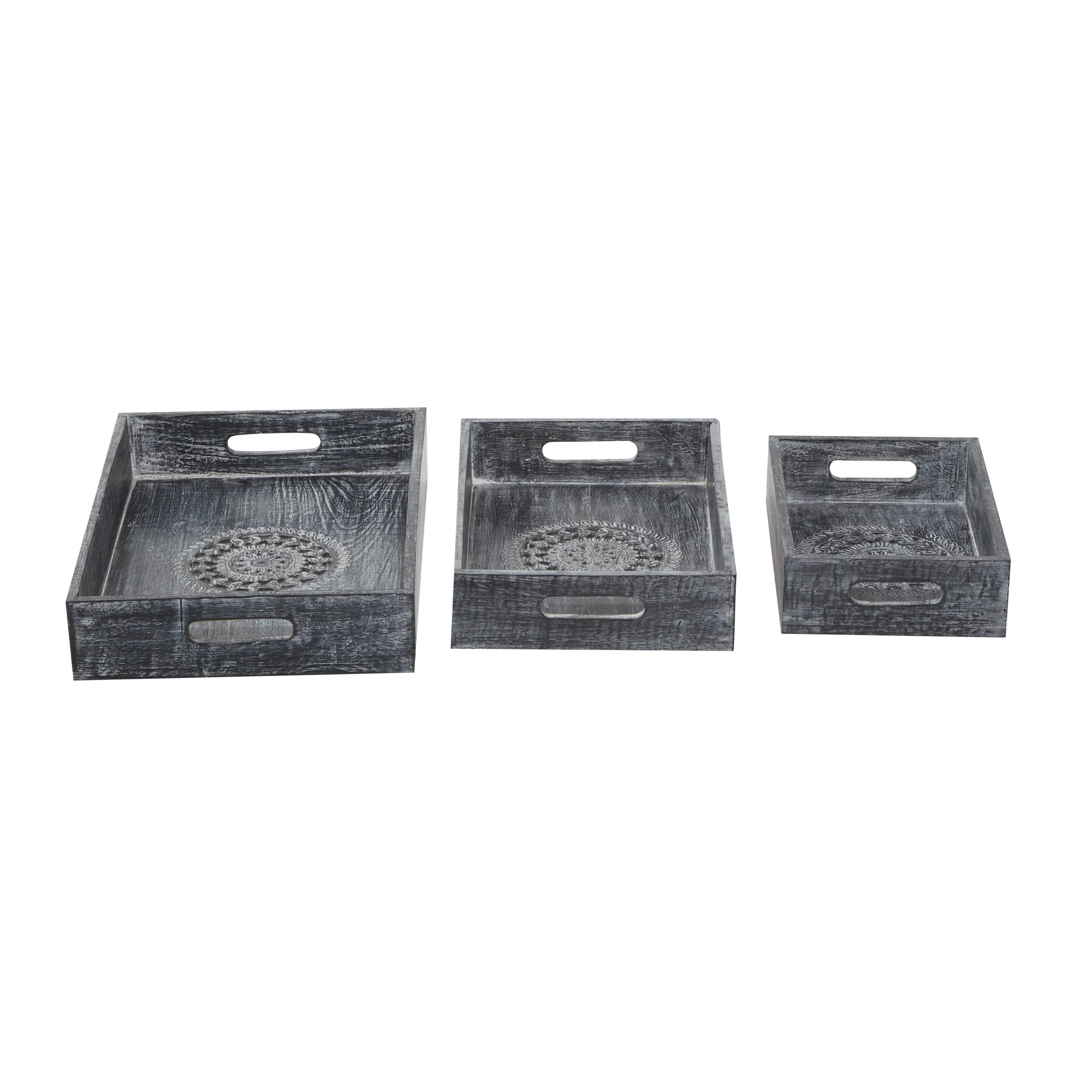 DecMode 12", 15", 18"W Black Wood Intricate Carved Floral Tray, 3-Pieces