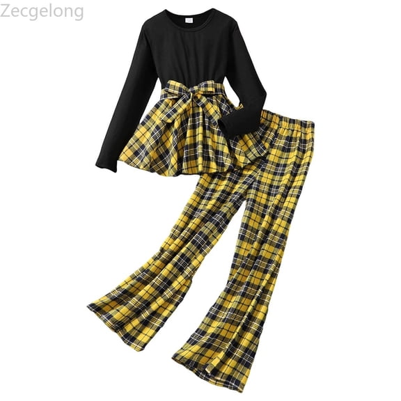 Zecgelong Girls Outfits Set Long Sleeve Round Neck Plaid Dress With Matching Pants 2 Piece Casual Winter Fall School Party Outfit For Kids Girls Outfits Sets Age 9-10 Years